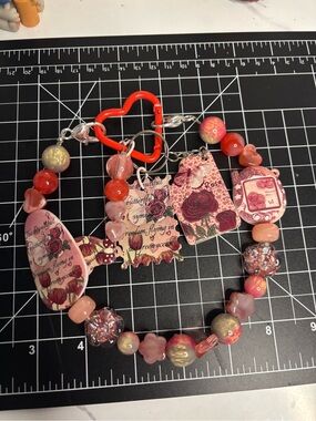 Handmade Pink Rose Bead Bracelet with Heart Keyring